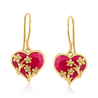 Ross-Simons Ruby Heart and Floral Drop Earrings in 18kt Gold Over Sterling