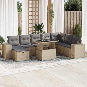 vidaXL Set De Sof&aacute;s De Jard&iacute;n Con Cojines 9 Pzas Rat&aacute;n Sint&eacute;tico Beige Vidaxl