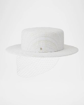 Maison Michel Kiki Tweed Boater Hat with Veil