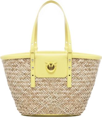 Pinko Handgeweven Raffia Leren Tas - Dames - Schoudertassen - Beige - ONE Size - Leer - Tassen