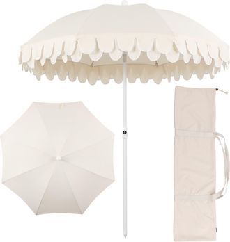Jonathan Y Designs Horizon 6.5 ft. Classic MidCentury Scalloped Fringe Market Beach Umbrella with Push-Button Tilt, Wind Vent and UV Protection, and Matching Carry Bag i