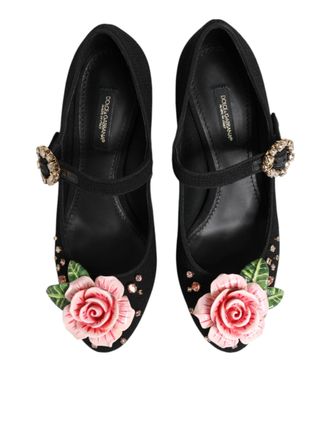 Dolce & Gabbana Womens Black Flower Crystal Embellished Mary Jane Shoes Wool Rayon Goat Skin