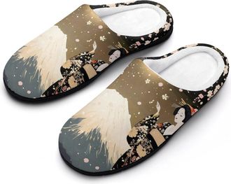 Generic Geisha Dancing Moon Fuji Mens House Slippers Memory Foam Washable Cotton Slip on Home Shoes