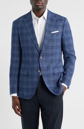 BOSS Hutson Slim Fit Navy Plaid Slub Wool Blend Sport Coat in Dark Blue at Nordstrom, Size 36 Regular