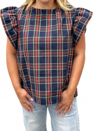 Entro Plaid Ruffle Sleeve Top In Navy