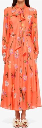LEO LIN Liliane Tie Neck Midi Dress In Coral Flower