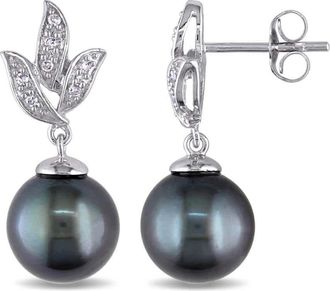 Amour 9 - 9.5 Mm Black Tahitian Cultured Pearl and 1/10 CT TW Diamond Earrings In 10K White Gold