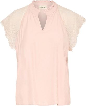 Cream Kanten blouse met V-hals en kanten mouwen - Dames - Blouses - Beige - S - Nylon - Overhemden