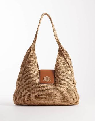 River Island Borsa morbida in rafia beige con patta-Neutro