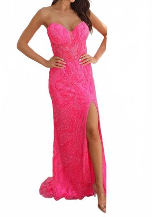 Primavera Strapless Beaded Sequin Prom Dress In Neon Pink