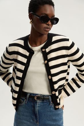 Karen Millen Womens Cotton Knit Nautical Boxy Stripe Jacket - Monochrome Multi - Size X-Small