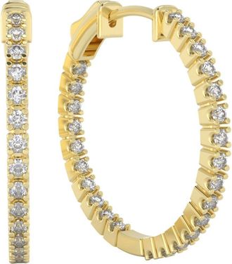 Pompeii3 1 Ct Diamond Inside Outside Hoops Lab Grown Earrings Yellow Gold 1Tall
