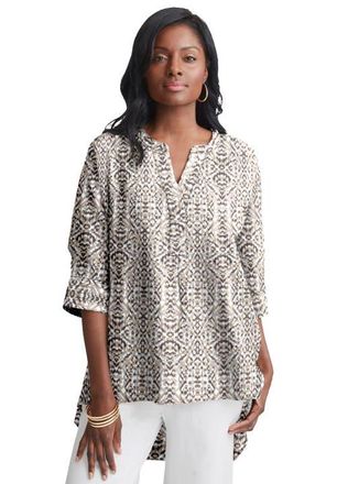 Jessica London Hi-Low Linen Tunic in Neutral Aztec Ikat at Nordstrom, Size 32