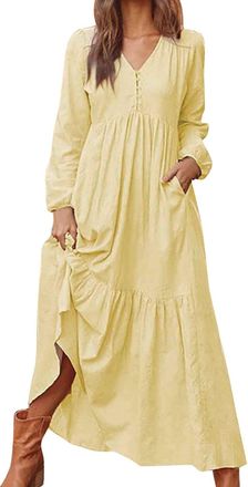 Generic Womens Cotton Linen Dresses Long Sleeve Vintage Maxi Dress V Neck Solid Colour Retro Long Dresses Button Downs Loose Casual Vacation Wrap Dresse UK Sa