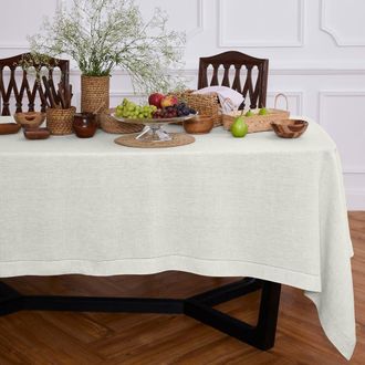 Solino Home Linen Tablecloth for Dining Table, Holiday and Everyday Table Decor - Sonoma Hemstitch in Light Flax at Nordstrom, Size Xx-Large