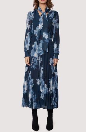 Lost + Wander Josephine Floral Pleated Tie Neck Long Sleeve Dress in Blue Grey Floral at Nordstrom Rack, Size X-Small