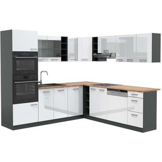 Vicco Cucina angolare completa R-Line, Bianco lucido/antracite, 237 x 247 cm, pl Rovere