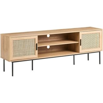 Beliani Mobile Porta TV a 2 Ante in Rattan e Gambe in Metallo 180 x 63 cm Legno Chiaro Pasco