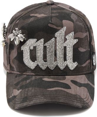 Cult of Individuality Mesh Back Trucker Hat Old English Crystal Logo In Black Camo