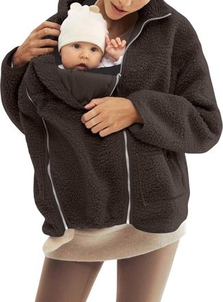 Generic Womens 2 in 1 Maternity Coat Fleece Jackets with Baby Wearing, Winter Zip Up Themal Outwear Thicken Overcoat Brown