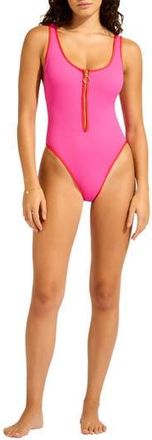 Seafolly Retro Contrast Trim One-Piece Swimsuit in Hot Pink/Flame at Nordstrom Rack, Size 10 Us / 14 Au