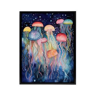 Artery8 Colourful Watercolour Jellyfish Framed Canvas Wall Art Print | Size: W24 x H32