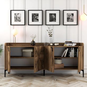 Dmora Aparador Elini, Alacena 2 Estantes, Puerta Batiente, 4 Puertas, 180x35x78 Cm Marr&oacute;n Nogal
