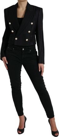 Dolce & Gabbana Womens Black Striped Sicilia Double Breasted Jacket Wool Virgin Cotton Silk Clothing