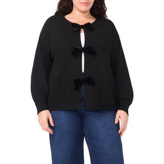 CeCe by Cynthia Steffe Velvet Bow Closure Cardigan in Rich Black at Nordstrom, Size 3X