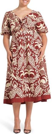 Estelle Aurela Paisley Keyhole Fit & Flare Cotton Midi Dress in Terracotta at Nordstrom, Size 18W