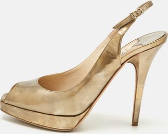 Jimmy Choo London Gold Leather Nova Peep Toe Slingback Pumps
