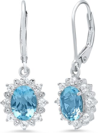 MAX + STONE 925 Sterling Silver Halo Sunburst Oval Gemstone Earrings with White Topaz Accent