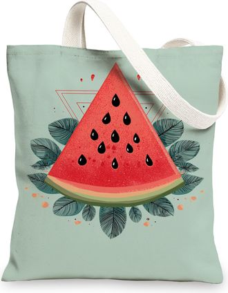 Generic Watermelon Canvas Tote Bags, Artistic Fruit Design Reusable Grocery Bags, Lightweight Washable Shoulder Strap Tote for Shop, Green, 13x15 Inch