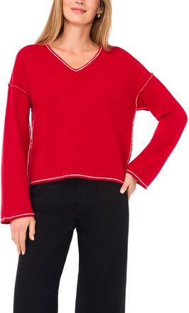 Vince Camuto Contrast Detail V-Neck Sweater in Glamour Red at Nordstrom, Size Xx-Large