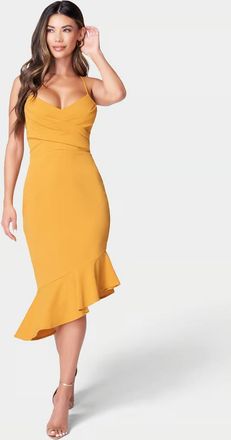 Bebe Crossover Flounce Scuba Dress Women Yellow Crepe Asymmetrical JDM1092