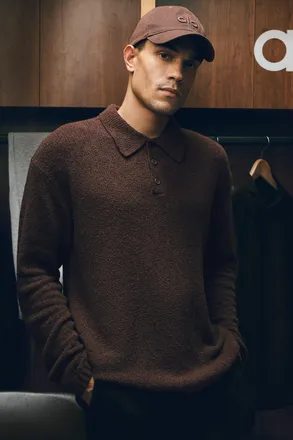 Alo | Textured Knit Long Sleeve Polo Top in Brownstone, Size: Medium