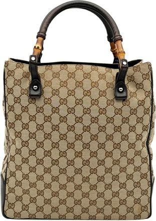 Gucci Beige Brown Bamboo Canvas Leather Tote Bag (Pre-Owned)