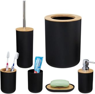 Relaxdays Bagno Completo, 6, bamb&ugrave;, Kit wc, Porta-Spazzolino, Dentifricio, Sapone e Saponetta, Nero, Set da 6X Accessori - Relaxdays