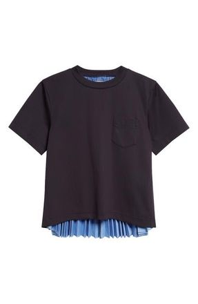 sacai Mixed Media Pleated Poplin & Jersey Pocket T-Shirt in Navy/Blue Stripe at Nordstrom, Size 1