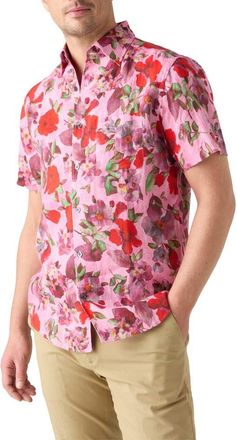Robert Talbott Morgan Printed Floral Linen Short Sleeve Shirt in Pink at Nordstrom, Size Xx-Large