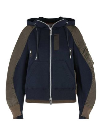 sacai Hoodie In Navy Cotton And Khaki Blend