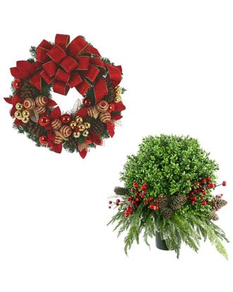 Creative Displays Inc. Holiday Set With 26In Christmas Wreath & Uv-Rated Boxwood Topiary