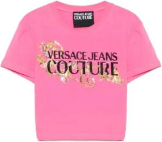 Versace Jeans Couture T-shirt met korte mouwen en kristallen - Dames - T-shirts - Roze - S - Katoen - Tops
