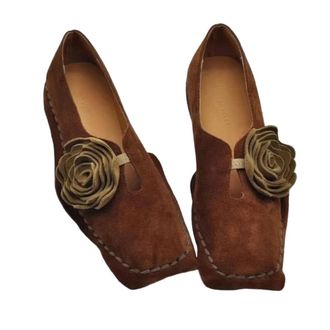Generic JCVBN Flower Decoration Low Heeled Loafers Women Faux Suede Square Toe Designer Casual Outdoor Lightweight Walking Shoes Brown