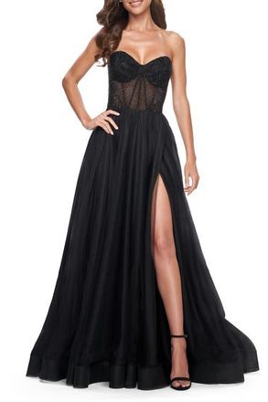 La Femme A-Line Tulle Prom Dress with Rhinestone Fishnet Bodice in Black at Nordstrom, Size 12
