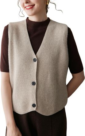 Dissa Women Cashmere Sleeveless Cardigan Beige V-Neck Knitted Cardigan Fitted Cashmere&Wool Thin Striped Ladies Sweater,UK 10,MY25240