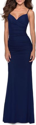 La Femme Fitted Jersey Long Dress with Lace Up Back in Navy at Nordstrom, Size 10