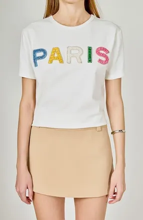 endless rose Crystal & Bead Embellished Graphic Cotton T-Shirt in White at Nordstrom, Size X-Small