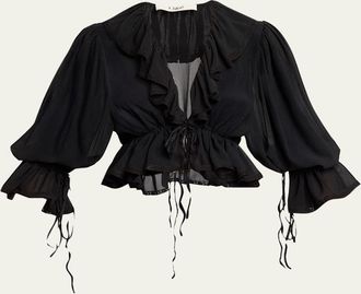 Chlo&eacute; Tie Ruffle Silk Crop Top