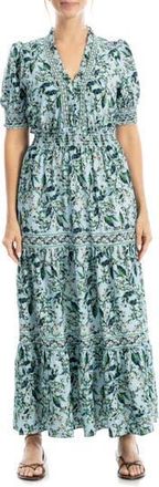 Max Studio Floral Short Sleeve Tiered Maxi Dress in Blue/Green/Red Daisy Bunch at Nordstrom Rack, Size X-Small